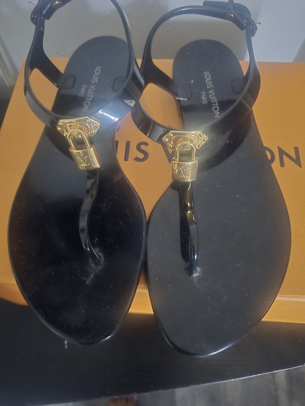 Louis Vuitton Black Patent Jelly Thong Sandals with Gold Lock Accent